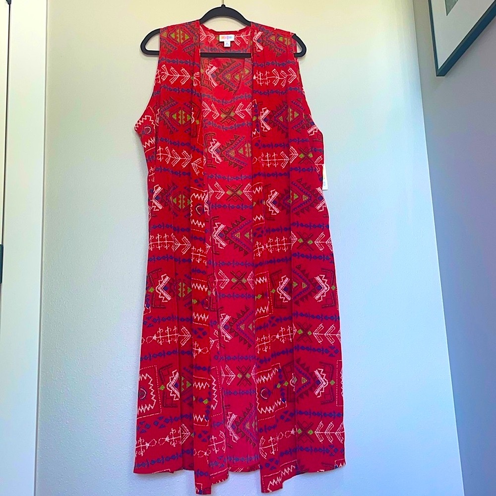LuLaRoe Red Aztec Sleeveless Fly Away Joy Vest Duster Kimono Lightweight